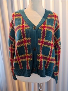 Teal Plaid Button-Front Women's Cardigan Sweater